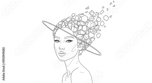 Surreal Portrait of Woman with Exploding Geometric Headpiece