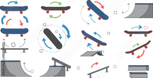 Skateboard Trick and Ramp Icon Set with Skateboarding Boards, Arrows, Motion Paths, and Skate Park Elements for Extreme Sports and Action Design