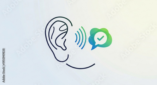 Hearing aid with sound waves and verified chat logo for communication and technology