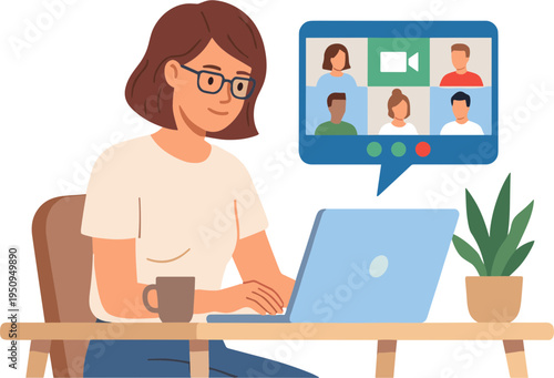 Woman working on laptop with video conference call on screen at office desk