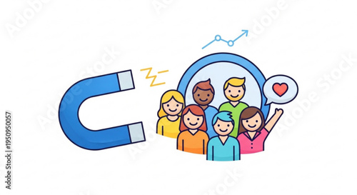 Diverse group of people attracted by a large magnet with a heart symbol representing customer attraction and marketing strategy