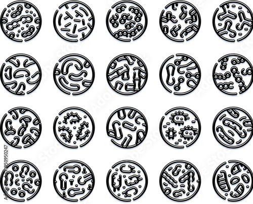 Microorganisms and different bacteria cells forming an array of various pathogens, microbes, and disease vectors, representing biology and microscopic infection