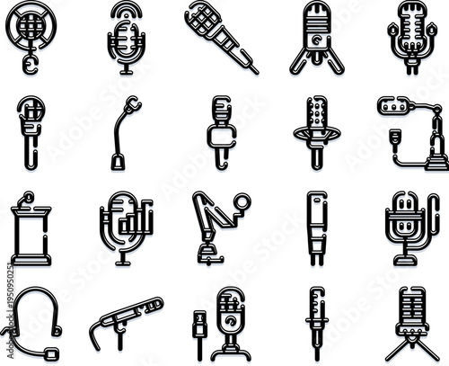 Collection of microphone outline icons for podcasting, radio, streaming, music and voiceover projects vector line illustrations for audio, broadcast and studio use