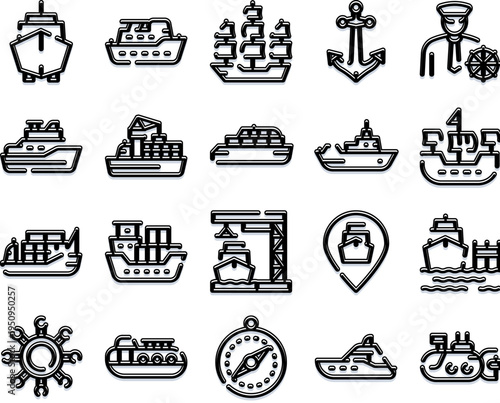 Collection of outline black icons showing different types of water vehicles, ships, boats, cargo, and cruise vessels with marine navigation and industry related elements