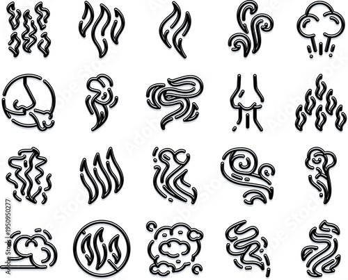 Diverse collection of line icons illustrating different types of aroma, fragrance, scent, and odor, representing concepts of air, vapor, and gaseous diffusion