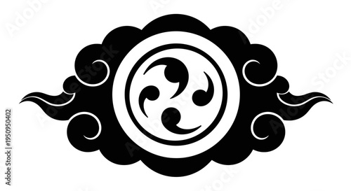 Black and white Japanese mitsudomoe symbol emblem with stylized clouds.