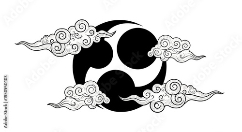 A striking black and white illustration featuring a traditional Japanese tomoe symbol surrounded by stylized clouds.