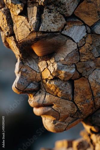 Human face formed from cracked soil and rugged stone textures with earthy ancient expression