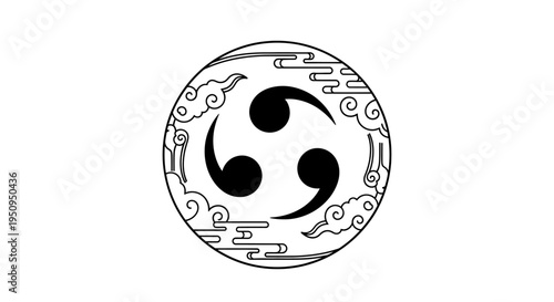 Black and white mitsudomoe symbol with traditional Japanese cloud patterns in a circular emblem.