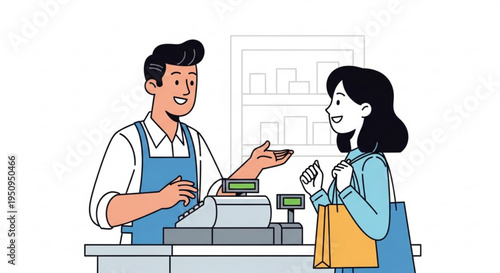 Smiling shopkeeper handing over purchase to happy customer at checkout counter with cash register and shopping bag