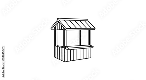 Simple wooden kiosk stand with awning, outline drawing, isolated on white background