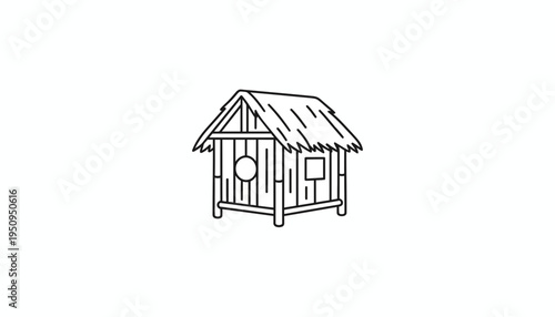 Simple Wooden Hut Icon with Thatched Roof and Round Window - Vector Line Art
