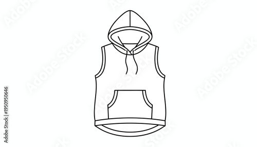 Sleeveless Hoodie Fashion Flat Sketch, Vector Outline Drawing of Casual Apparel
