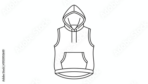Sleeveless Hoodie Fashion Flat Sketch, Vector Outline Drawing of a Hooded Vest with Pocket
