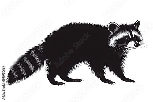 Raccoon in Profile: A meticulously detailed illustration of a raccoon, showcasing its distinctive features, including its bandit-like mask and ringed tail.