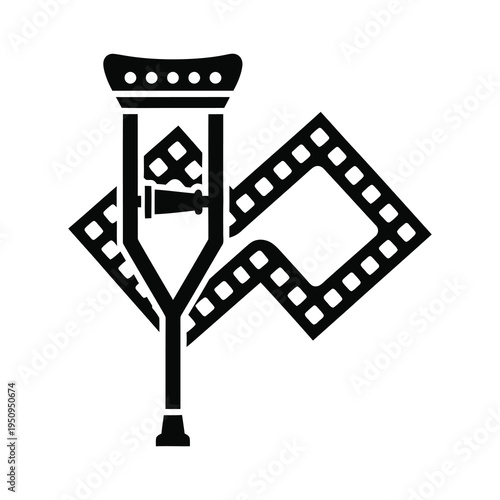 Film strip and camera shutter icon in black on white background icon