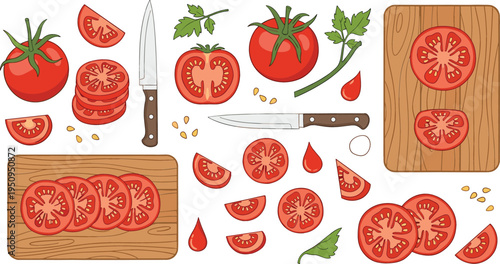 Fresh Tomato Slices and Whole Tomatoes Cooking Illustration Set with Kitchen Knife, Cutting Board, and Organic Vegetable Ingredients for Healthy Food Design