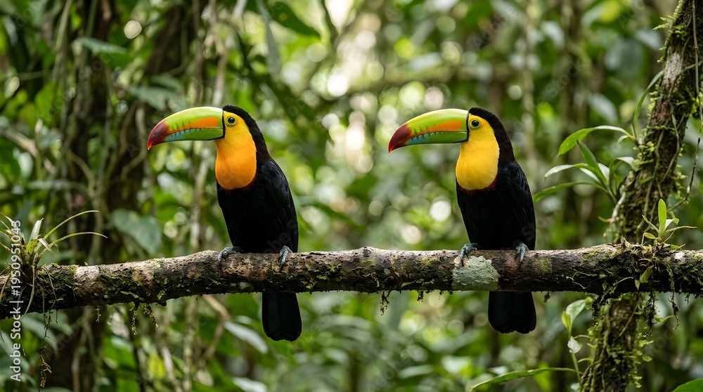 Fototapeta premium Two magnificent keel-billed toucans with their strikingly colorful large beaks are perched together beautifully on a moss-covered branch, looking out from the dense, lush tropical rainforest.