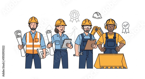 Diverse construction team collaborating on blueprint plans.