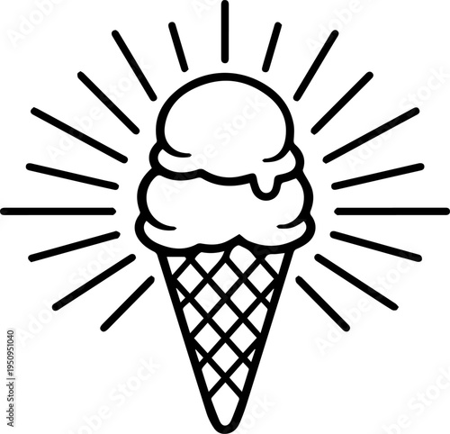Vintage Ice Cream Cone Double Scoop Vector Line Art Sunburst Icon