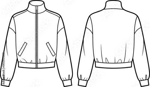 Technical fashion illustration of bomber jacket front and back view with zipper closure, elastic cuffs and waistband, modern outerwear apparel design template