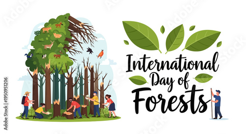 Illustration of people interacting with trees and the International Day of Forests logo, promoting forest conservation and awareness with a green and earthy tone.