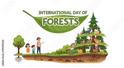 Illustration of a family on International Day of Forests, promoting forest conservation and awareness with a colorful design.