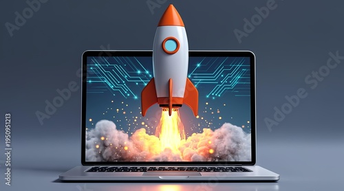 Rocket Launching from Laptop Screen Symbolizing Digital Startup Success and Technological Innovation