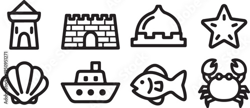 Diverse icons representing various landmarks, sea creatures, and objects Vector