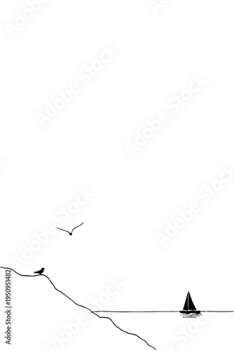 Minimalist Coastal Landscape Line Art with Sailboat and Birds