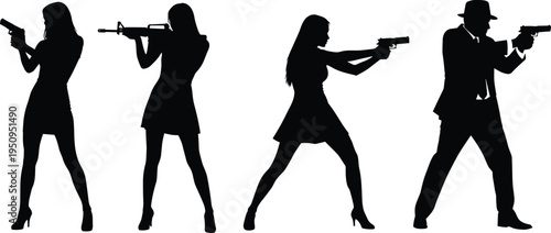 Armed agent silhouettes, secret spy charaArmed agent silhouettes, secret spy characters with guns, action pose figures collection, tactical shooter vector set, isolated black security illustration