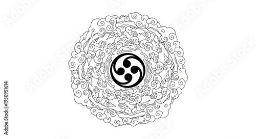 A black and white illustration of a swirling vortex of clouds surrounding a Japanese tomoe symbol.