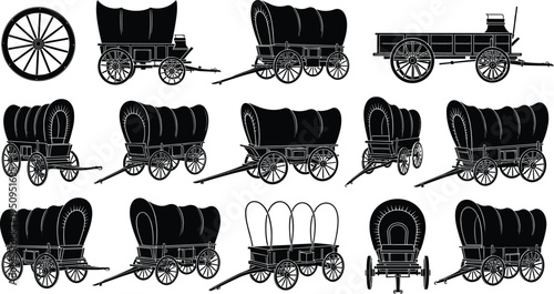 Vintage covered wagon silhouettes, western pioneer transport carriages, historic prairie frontier travel carts, black vector illustration collection isolated set bundle