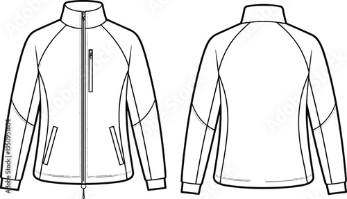 Technical vector illustration of sports jacket front and back view, detailed apparel design template with zipper pockets, long sleeves, garment construction lines for fashion use