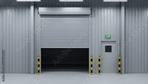 Bright modern industrial warehouse entrance with a partially open grey roller shutter door and a pedestrian exit door with an illuminated EXIT sign Th