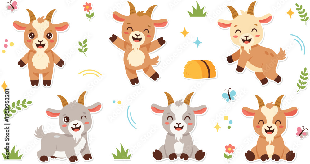 Naklejka premium Cute Cartoon Goat Character Set with Happy Farm Goats, Smiling Baby Goats, and Nature Elements for Kids Illustration, Farm Animal Design, and Children Graphics