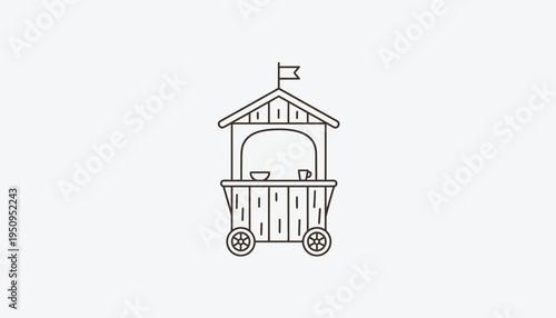 Simple Line Drawing of a Food Cart with Flag on Wheels