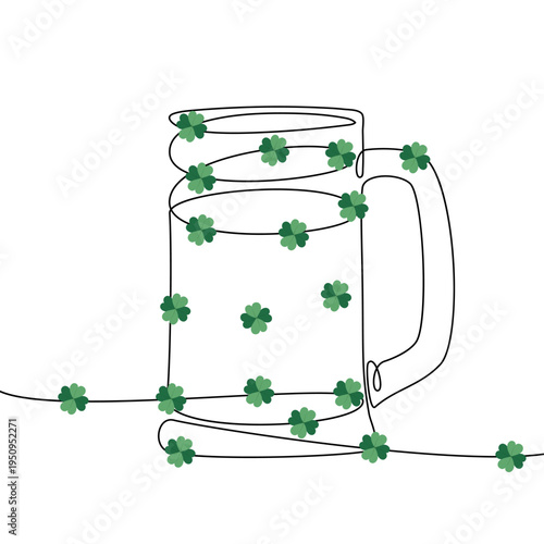 Outline drawn mug with quatrefoil Clover leaves by design One Continuous line Minimalist flat design. Vector illustration St Patricks Day Greeting Thematic Card Social media post, banner, leaflet, tag