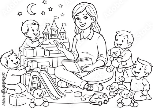 Line art woman with toddlers and bookshelf vector