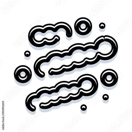 Drawing depicting various forms of microorganisms, including bacilli shaped bacteria and small circular viruses, floating against a simple white background with shadows creating a layered effect