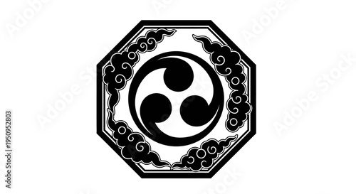 Octagonal emblem featuring a black three-comma symbol (tomoe) surrounded by stylized clouds.