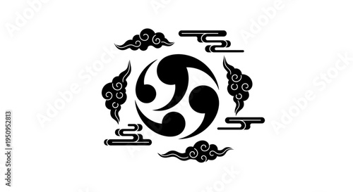 Black and white mitsudomoe symbol surrounded by traditional Japanese stylized clouds on a white background.