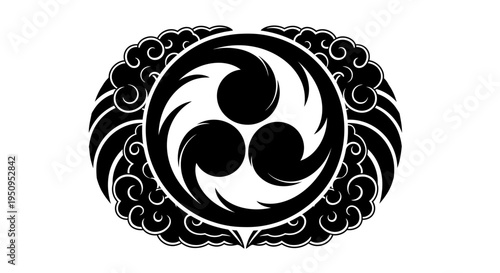 A traditional Japanese mitsudomoe symbol within an ornate cloud-like crest, rendered in black and white.