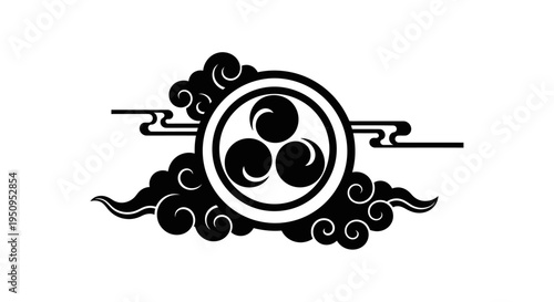 A black and white illustration of a circular emblem with three swirling shapes inside, surrounded by stylized clouds.