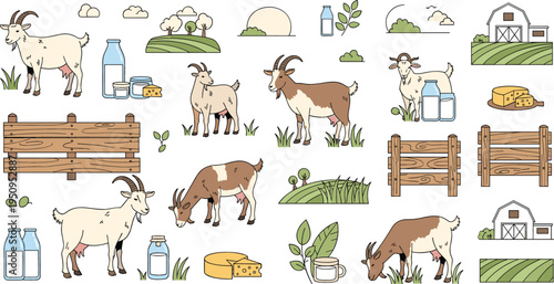 Goat Farming and Dairy Farm Icon Set with Goats, Milk Bottles, Cheese, Barn, and Wooden Fence Elements for Agriculture and Organic Dairy Design