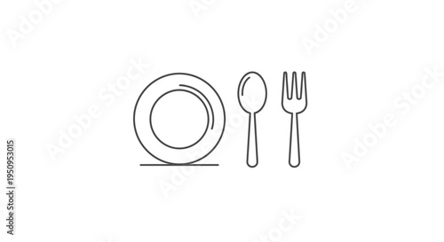 Simple Line Art Icon of Plate, Spoon, and Fork - Minimalist Dining Utensils