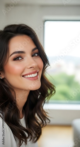 Free Download Attractive young woman with dark wavy hair offers a radiant, broad smile indoors near a window - GFXLoad