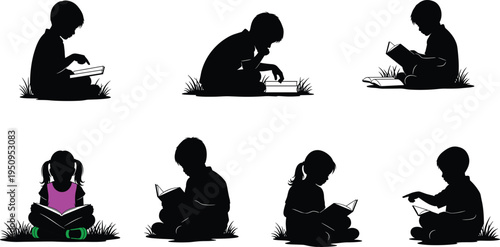Children Reading Books Silhouette Set, Kids Learning Education Concept Illustration, Early Childhood Study, Knowledge Development, School Activity, Cute Reading Collection Design