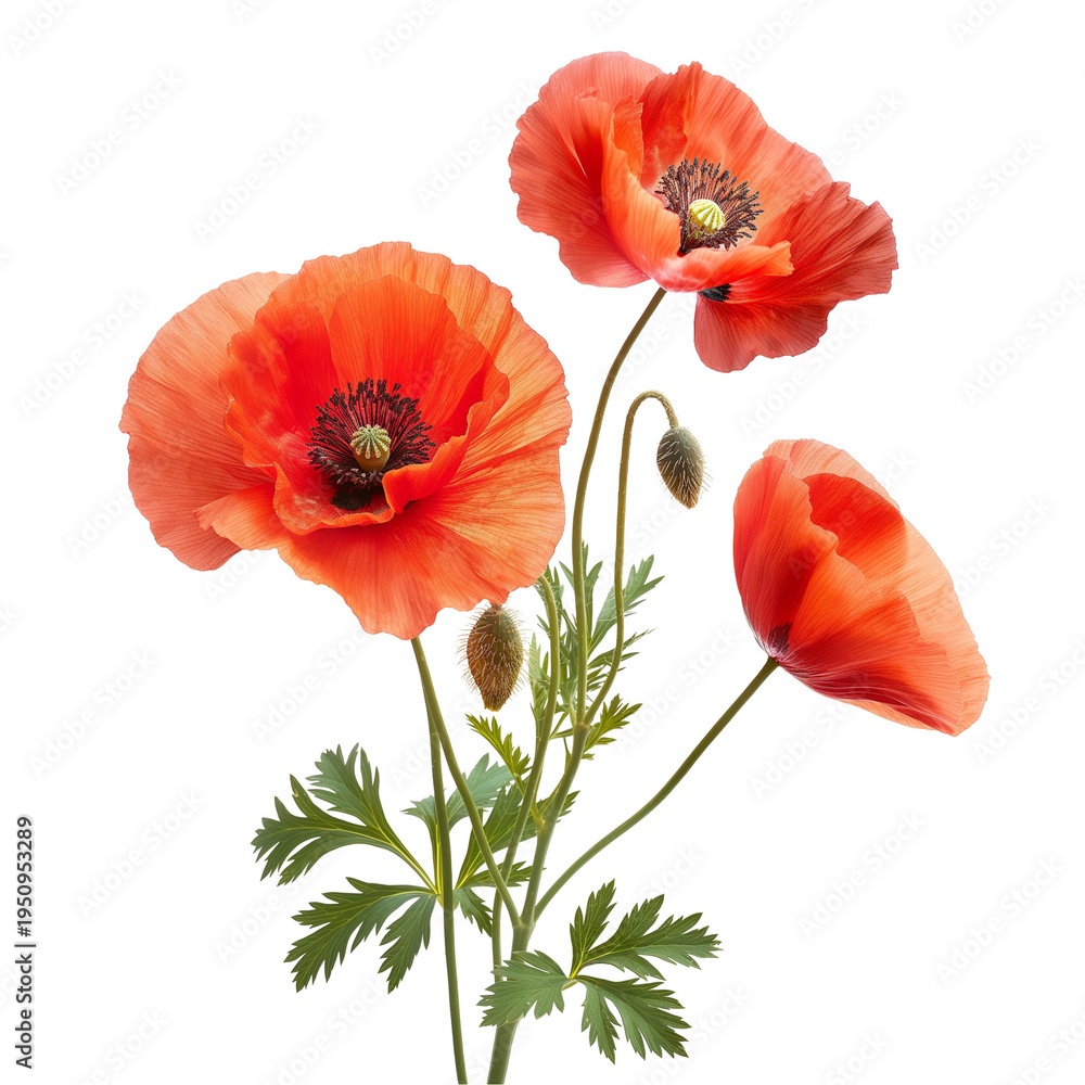 Fototapeta premium Vibrant orange poppy flowers in full bloom with green stems isolated on white background for spring nature decor