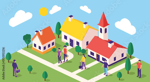 Isometric Village Illustration, Vector Style Graphic, Community, Urban Landscape, Cityscape Design